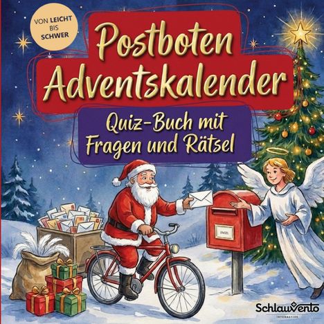 "Postboten Adventskalender: Quiz-Buch mit Fragen und Rätsel." Illustration: Weihnachtsmann auf Rad, Engel und Geschenke.