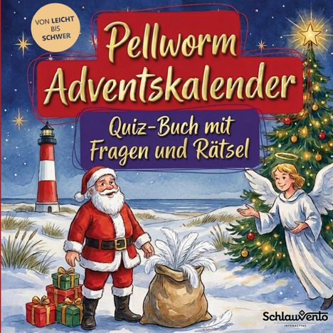 "Pellworm Adventskalender. Quiz-Buch mit Fragen und Rätsel." Ein Weihnachtsmann, Engel, Geschenke, Tannenbaum, Leuchtturm.