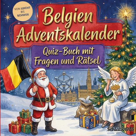 "Belgien Adventskalender: Quiz-Buch mit Fragen und Rätsel. Illustration: Weihnachtsmann, Engel mit Pommes, belgische Flagge."