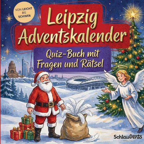 "Leipzig Adventskalender: Quiz-Buch mit Fragen und Rätseln" in einer winterlichen Illustration mit Weihnachtsmann und Engel.