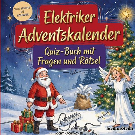 Texte: "Elektriker Adventskalender", "Quiz-Buch mit Fragen und Rätsel". Illustration: Weihnachtsmann, Engel, Geschenke.
