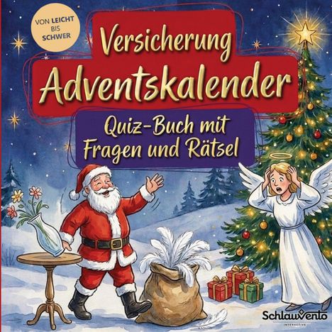 "Versicherung Adventskalender. Quiz-Buch mit Fragen und Rätsel. Von leicht bis schwer." Weihnachtsmann und Engel.