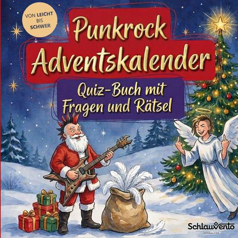 „Punkrock Adventskalender“ und „Quiz-Buch mit Fragen und Rätsel“. Ein rockiger Weihnachtsmann spielt Gitarre, mit Engel.