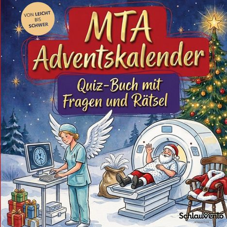"MTA Adventskalender: Quiz-Buch mit Fragen und Rätsel" erscheint vor einem Weihnachtsszenario mit Engel und Weihnachtsmann.
