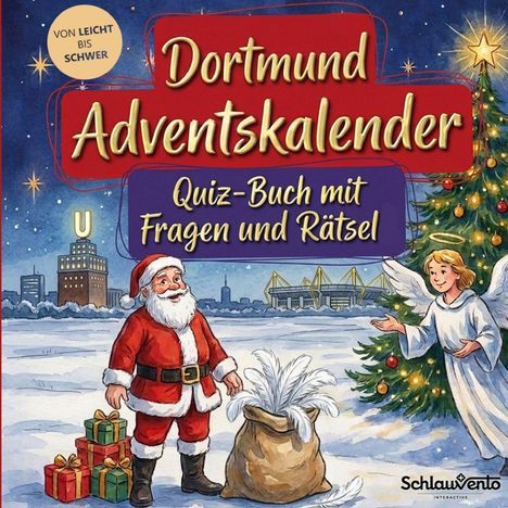 "Dortmund Adventskalender, Quiz-Buch mit Fragen und Rätsel." Illustration: Weihnachtsmann, Engel, Geschenke, Baum.