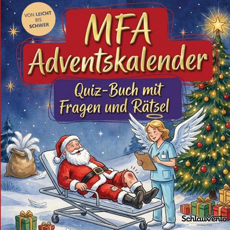 "MFA Adventskalender. Quiz-Buch mit Fragen und Rätsel. Von LEICHT bis SCHWER." Ein Engel behandelt den Weihnachtsmann.