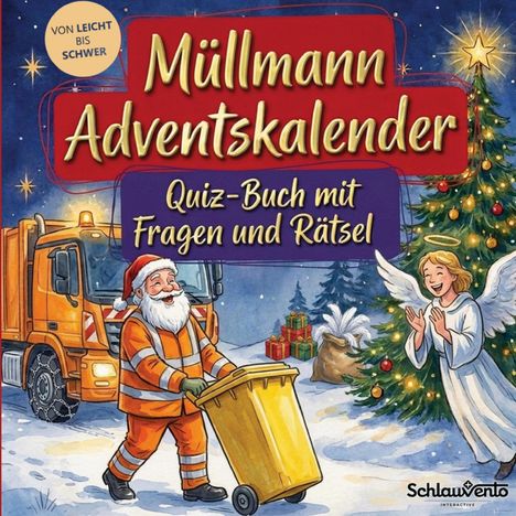 "Müllmann Adventskalender. Quiz-Buch mit Fragen und Rätsel." Weihnachtsmann schiebt gelbe Tonne vor Müllwagen.