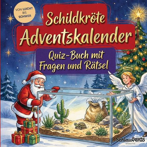 "Schildkröte Adventskalender. Quiz-Buch mit Fragen und Rätsel. Santa und ein Engel mit Terrarium vor Weihnachtsbaum."