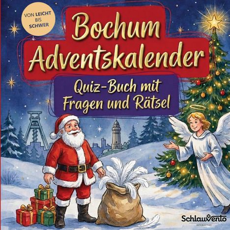 "Bochum Adventskalender, Quiz-Buch mit Fragen und Rätsel." Weihnachtsmann, Engel, Tannenbaum, Geschenke im Schnee.
