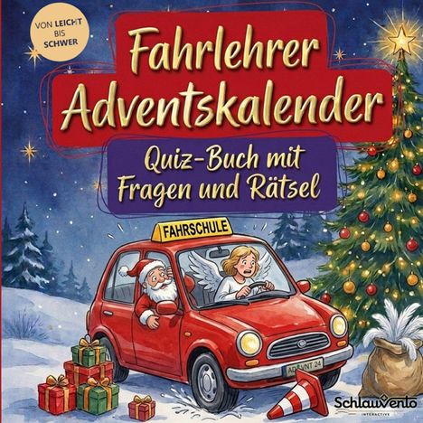 "Fahrlehrer Adventskalender" und "Quiz-Buch mit Fragen und Rätsel". Illustration mit Weihnachtsmann und Engel im Auto.