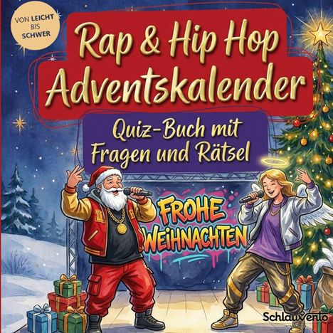 Rap & Hip Hop Adventskalender. Quiz-Buch mit Fragen und Rätsel. Santa und Engel rappen auf Bühne mit Weihnachtsbaum.