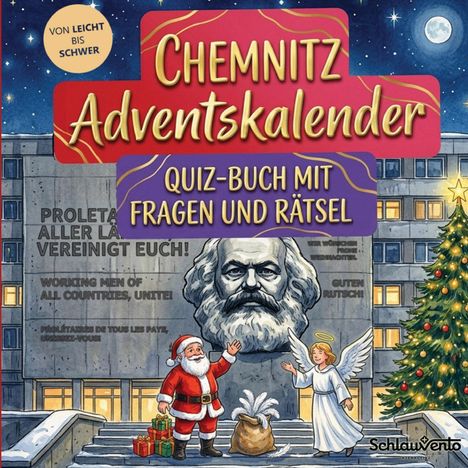 "Chemnitz Adventskalender: Quiz-Buch mit Fragen und Rätsel." Weihnachtsmann, Engel vor Karl-Marx-Büste, Tannenbaum.