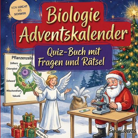 Titel: "Biologie Adventskalender – Quiz-Buch mit Fragen und Rätsel". Engel und Weihnachtsmann im Labor mit Zellposter.