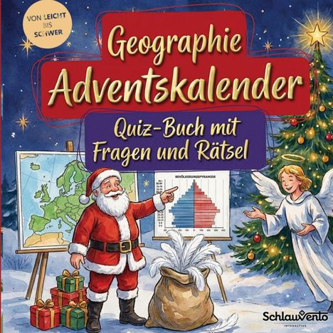 Text: "Geographie Adventskalender", "Quiz-Buch mit Fragen und Rätsel", "Von leicht bis schwer". 

Illustration: Weihnachtsmann zeigt auf Karten, Engel daneben.