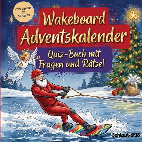 Ein Weihnachtsmann auf einem Wakeboard zieht über einen gefrorenen See, neben ihm ein Engel, daneben ein geschmückter Baum.
