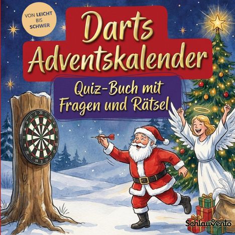 "Darts-Adventskalender: Quiz-Buch mit Fragen und Rätseln"; "Von leicht bis schwer." Eine Illustration zeigt Weihnachtsmann und Engel beim Darts.