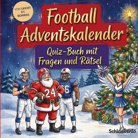 "Football Adventskalender: Quiz-Buch" zeigt Santa im Football-Outfit mit Spielern, Cheerleader und Weihnachtsbaum.