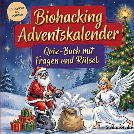 „Biohacking Adventskalender. Quiz-Buch mit Fragen und Rätsel.“ Santa fährt Rad, Engel lacht daneben, Winterlandschaft.