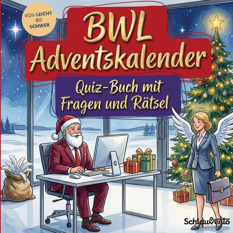 Texte: "BWL Adventskalender", "Quiz-Buch mit Fragen und Rätsel", "Von leicht bis schwer". Illustration mit Weihnachts-Szenen.