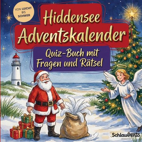 „Hiddensee Adventskalender: Quiz-Buch mit Fragen und Rätsel“. Illustration mit Santa, Engel, Baum und Leuchtturm am Strand.