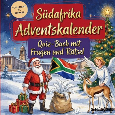 „Südafrika Adventskalender. Quiz-Buch mit Fragen und Rätsel.“ Weihnachtsmann, Engel, Rentier, Geschenke, Flagge Südafrikas.