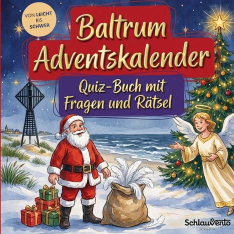 "Baltrum Adventskalender: Quiz-Buch mit Fragen und Rätsel. Illustration mit Weihnachtsmann, Engel und dekoriertem Baum."