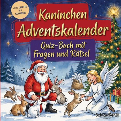 Text: "Kaninchen Adventskalender. Quiz-Buch mit Fragen und Rätsel. Von leicht bis schwer." Illustration: Weihnachtsmann mit Kaninchen.