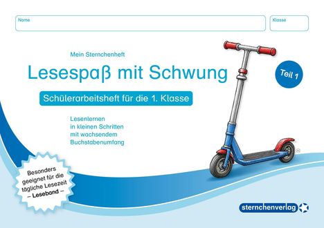 Lesespaß mit Schwung - Schülerarbeitsheft für die 1. Klasse. Illustration eines blauen Rollers.