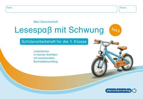 „Lesespaß mit Schwung, Teil 2“, Schülerarbeitsheft für die 1. Klasse, Illustration eines orange-blauen Fahrrads.
