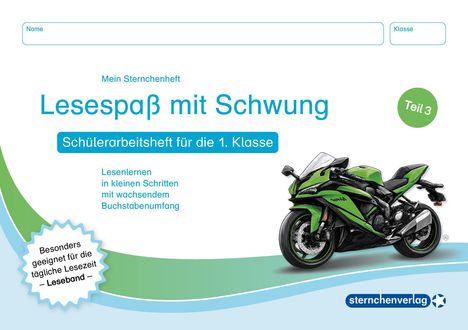 "Lesespaß mit Schwung" ist ein Arbeitsheft für die 1. Klasse. Rechts unten eine grüne, schwarze Motorradillustration.