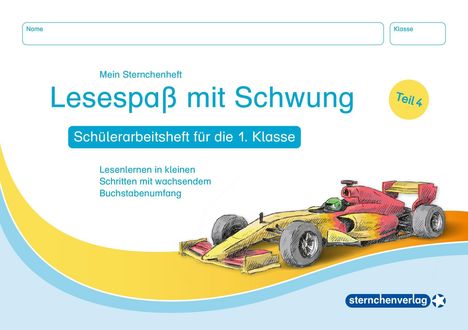 "Lesespaß mit Schwung", Schülerheft 1. Klasse, Rennwagen-Illustration, farbenfroh, sportlich, Sternchenverlag-Logo.