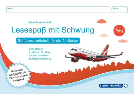 „Lesespaß mit Schwung“, Schülerarbeitsheft 1. Klasse, Teil 5. Illustration eines Flugzeugs, städtische Skyline unten.
