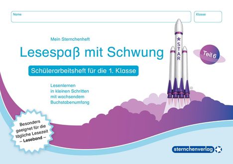 "Lesespaß mit Schwung", Schülerarbeitsheft 1. Klasse, Raketen-Illustration, beworben für tägliche Lesezeit.
