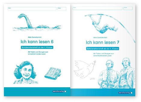 Links: „Ich kann lesen 6“, Monster im Wasser, Frau und Notizbuch. Rechts: „Ich kann lesen 7“, Sportler, Taube und historische Figuren.