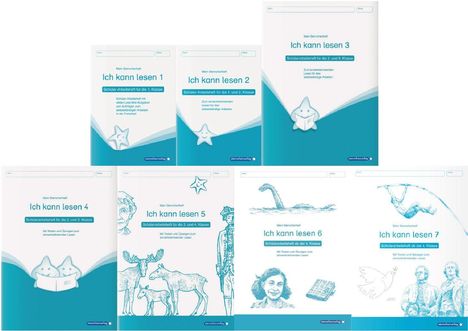 Bücherreihe "Ich kann lesen" 1 bis 7 mit blauen Covern. Unterschiedliche Illustrationen auf jedem Cover.