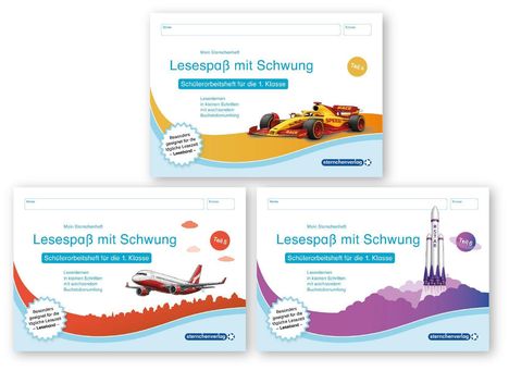 Drei Schülerarbeitshefte "Lesespaß mit Schwung" für die 1. Klasse, Teile 4-6, mit bunten Illustrationen von Auto, Flugzeug und Rakete.