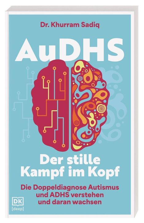 Dr. Khurram Sadiq. AuDHS: Der stille Kampf im Kopf. Illustration: Gehirnhälften mit Schaltkreisen und Mustern.