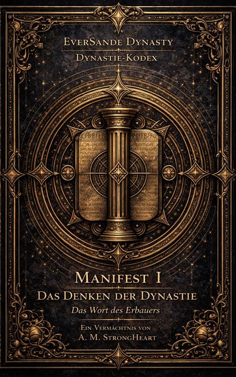 Eine kunstvoll verzierte Buchcover-Illustration mit mystischen, goldenen Ornamenten und verzweigten Mustern.