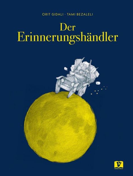 "Der Erinnerungshändler" von Orit Gidali und Tami Bezalelei. Illustration: gelber Planet, Wagen mit Figuren.