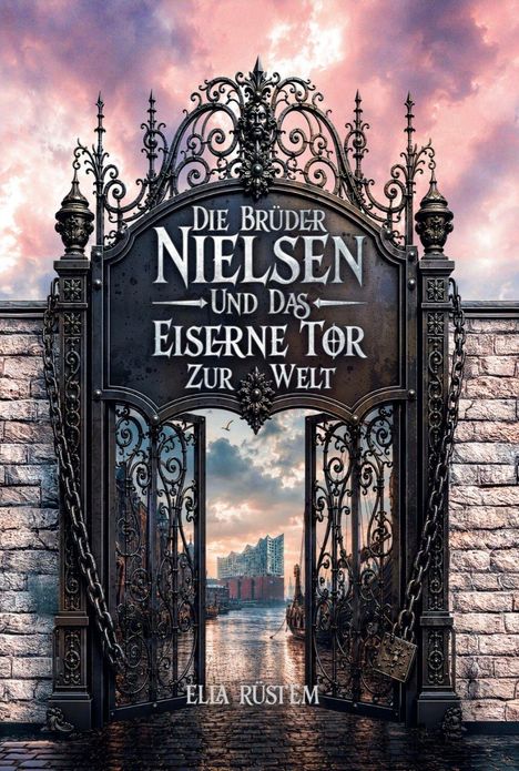 „Die Brüder Nielsen und das Eiserne Tor zur Welt“ steht auf einem reich verzierten, offenen Eisentor mit Schloss.