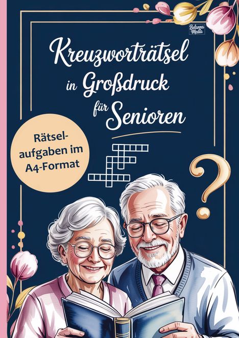 "Kreuzworträtsel in Großdruck für Senioren" mit Illustrationen von zwei älteren Menschen, die ein Buch lesen.