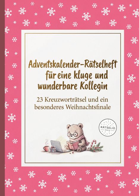 "Adventskalender-Rätselheft für eine kluge und wunderbare Kollegin." Illustration: Teddybär mit Buch, Laptop, Geschenk.