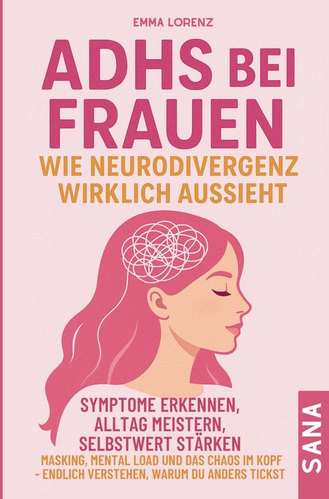 "ADHS bei Frauen: Wie Neurodivergenz wirklich aussieht." Illustration einer Frau mit verworrenen Linien im Kopf.