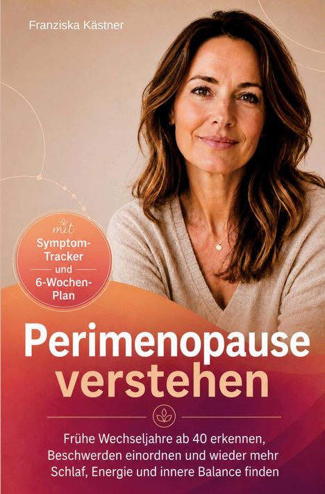 „Perimenopause verstehen“ in großen Buchstaben, mit einer Frau, die freundlich lächelt. Beige- und Orangetöne dominieren.