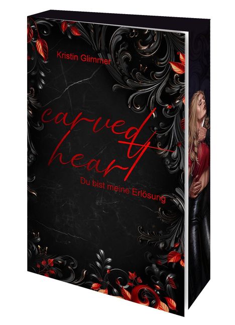 "Carved Heart, Du bist meine Erlösung", Kristin Glimmer; schwarze Marmoroptik umrahmt mit roten Blättern und Schnörkeln.