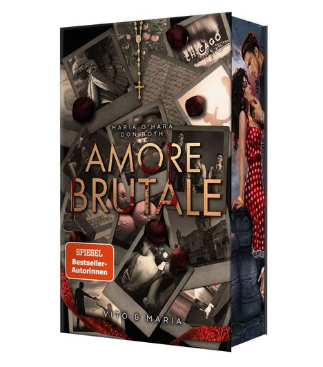 "AMORE BRUTALE" in großen Buchstaben, darunter "VITO & MARIA". Rote Rosen und Fotos im Hintergrund, ein Kreuz hängt herab.