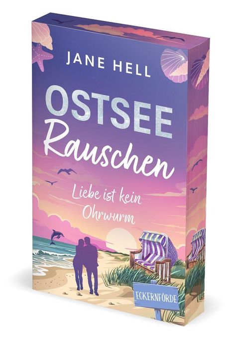 „Jane Hell - Ostsee Rauschen. Liebe ist kein Ohrwurm. Eckernförde.“ Illustration: Paar am Strand bei Sonnenuntergang.