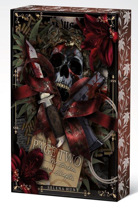 "PAGE TWO the Broken Chapter" mit einem Totenschädel, blutverschmiertem Messer und rotem Band, umrahmt von Lilien-Ornamenten.