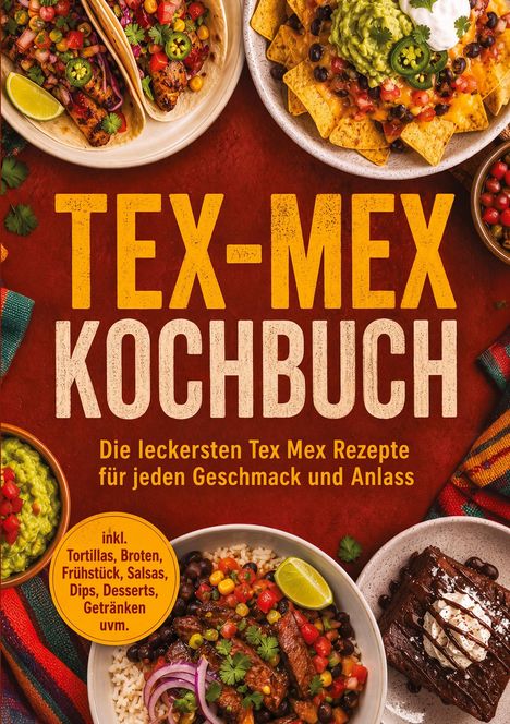 Texte: "TEX-MEX KOCHBUCH", "Die leckersten Tex Mex Rezepte für jeden Geschmack und Anlass", "inkl. Tortillas...".

Beschreibung: Verschiedene Tex-Mex-Gerichte wie Tacos, Nachos und Brownies.