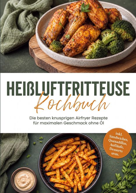 HEIßLUFTFRITTEUSE Kochbuch, Rezepte für maximalen Geschmack ohne Öl. Oben Hähnchen mit Brokkoli, unten Pommes.